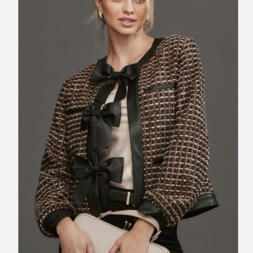 By Anthropologie Faux Leather Trimmed Tweed Lady Jacket - XS (Like New!)